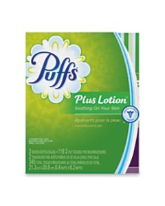 Puffs Plus Lotion Facial Tissues, 2-Ply, White, 116 Sheets Per Box, 3 Boxes Per Pack, 8 Packs Per Carton