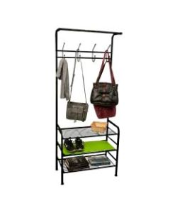 Mind Reader 4-Hook Metal Coat And Shoe Rack Shelving Organizer, 65inH x 24inW x 12inD, Black