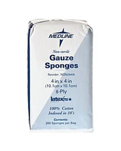 Medline Gauze Sponges, Nonsterile, 4in x 4in, 8-Ply, Box Of 200