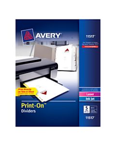Avery Print-On Dividers, 8 1/2in x 11in, 3-Hole Punched, 5-Tab, White Dividers/White Tabs, Pack Of 25 Sets
