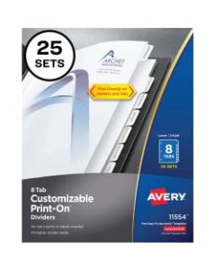 Avery Print-On Dividers, 8 1/2in x 11in, 3-Hole Punched, 8-Tab, White Dividers/White Tabs, Pack Of 25 Sets