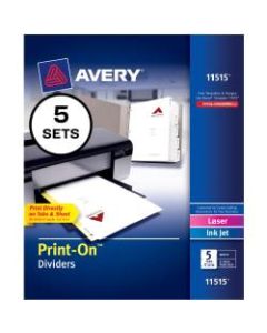 Avery Print-On Dividers, 8 1/2in x 11in, 3-Hole Punched, 5-Tab, White Dividers/White Tabs, Pack Of 5 Sets