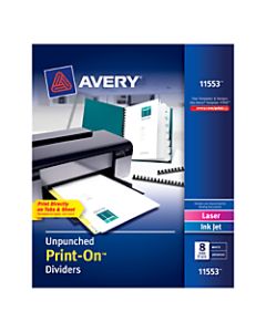Avery Print-On Dividers, 8 1/2in x 11in, Unpunched, 8-Tab, White Dividers/White Tabs, Pack Of 5 Sets