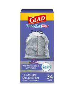 Glad ForceFlex Tall Trash Bags, 13 Gallons, 24in x 24in, White, Pack Of 34
