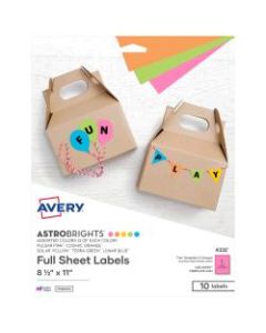 Avery Astrobrights Easy Peel Labels, 4332, 8 1/2in x 11in, Assorted Colors, Pack Of 10