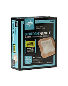 Medline Optifoam Gentle Silicone-Faced Foam & Border With Liquitrap Core Dressings, 4in x 4in, Natural, Case Of 100
