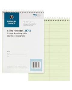 Business Source Steno Notebook - 70 Sheets - Wire Bound - Pitman Ruled - 6in x 9in - Green Paper - Stiff-back - 1Each