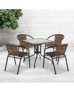 Flash Furniture Square Glass and Metal Table with 4 Rattan Stack Chairs, 28inH x 28inW x 28inD, Clear/Dark Brown