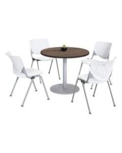 KFI Studios KOOL Round Pedestal Table With 4 Stacking Chairs, Studio Teak/White