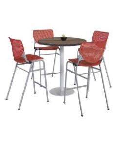 KFI Studios KOOL Round Pedestal Table With 4 Stacking Chairs, 41inH x 36inD, Studio Teak/Coral Orange