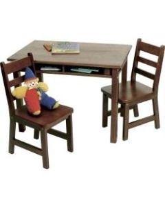 Lipper Childs Rectangular Table with Shelves & 2 Chairs, Walnut Finish - 15in x 12.4in x 24.1in Chair, 33.3in x 23.3in x 24.1in Table - 4 Shelve(s) - Material: Beechwood, Pine, Medium Density Fiberboard (MDF) - Finish: Walnut