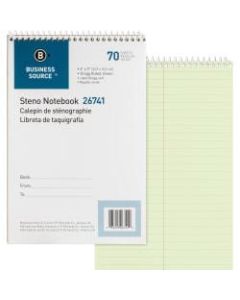 Business Source Steno Notebook - 70 Sheets - Wire Bound - Gregg Ruled - 15 lb Basis Weight - 6in x 9in - Green Paper - Stiff-back - 1Each