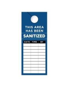 COSCO This Area Has Been Sanitized Door Hanger Signs, 3-1/2in x 8-1/2in, Blue/Black/White, Pack Of 50 Signs